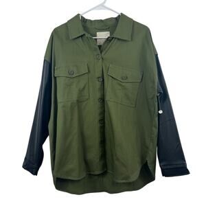 Gorpcore Shacket NWOT Altard State Green Black Faux Leather Sleeves Shirt Medium